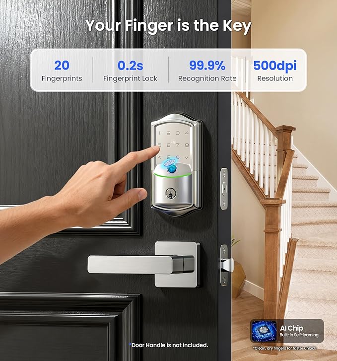 Veise VE027 Built-in Wi-Fi Smart Lock, Fingerprint Keyless Entry Front Door Lock, App Remote Control, No Hub Needed, Keypad Deadbolt, IP65 Waterproof, Auto Lock, BHMA Grade 3, Satin Nickel