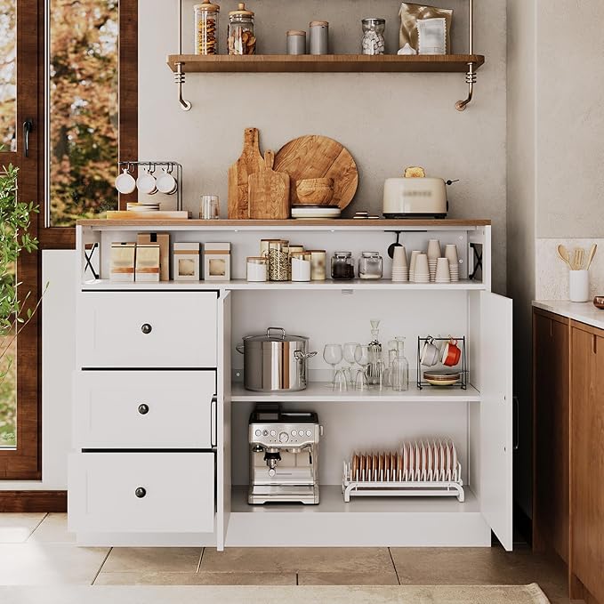 OUTLANE 47In Large Buffet Cabinet, Modern Farmhouse Sideboard with 3 Drawers, Wood Cupboard Storage Pantry Cabinet with 2 Barn Doors&Adjustable Shelf, Storage Cabinet for Living Room, Kitchen, White
