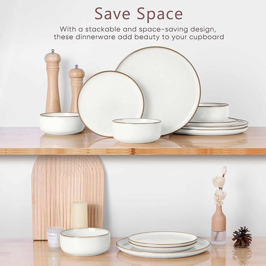 Herogo 18 Pieces Stoneware Dinnerware Dishes Sets for 6, Kitchen Handmade Dining Plates and Bowls Sets, Double Reactive Glaze, Microwave & Dishwasher Safe, Scratch Resistant, Ivory White