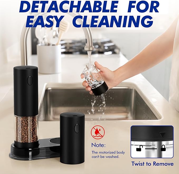 Electric Salt and Pepper Grinder Set, USB Rechargeable Automatic Pepper Mills and Salt Grinders with LED Light, Large 100ml Capacity, Adjustable Coarseness, One-Hand Operation, Stable Base