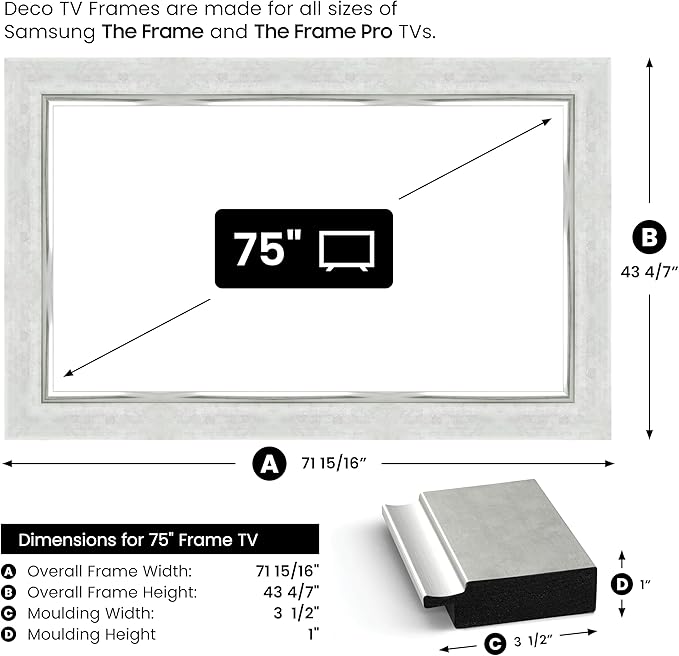 Contemporary Silver 75" Premiere Deco TV Frame - Compatible ONLY with Samsung The Frame TV and Pro TVs (Fits 2021-2025, LS03A, LS03B,LS03C,LS03D,LS03FA,LS03FW)