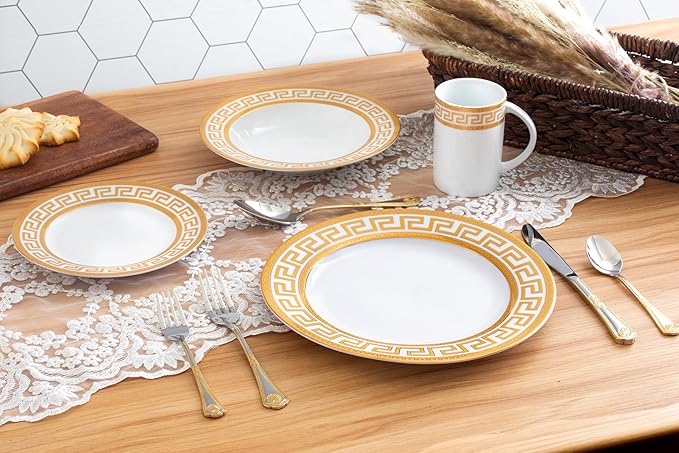 Porcelain Dinnerware Set for 1 - White with Gold 4 Piece Set Vintage Greek Key Design - Elegant Dinner Plates, Soup Plates and Mugs - Dining Kitchenware for Home, Formal Occasions and Everyday Dishes