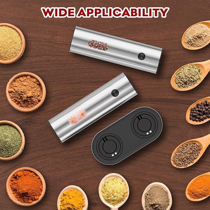 Electric Salt and Pepper Grinder Set: Automatic Rechargeable Salt and Pepper Shakers with USB Charging Base, Adjustable Coarseness, 110ml Large Capacity, Stainless Steel Pepper Grinder for Kitchen