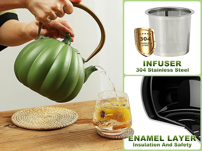 VICSKY Pumpkin Cast Iron Teapot (40 oz/1200 ml), Cute Natural Pumpkin Shape, Cast Iron Tea Kettle with Enamel Coated for Loose Tea Leaf, Stovetop Safe(Light Green)