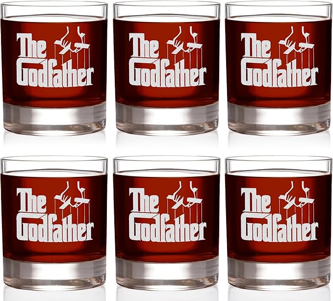 Official Godfather Etched Whiskey Glass Set - with Logo & 6 Unique Quotes - Premium Quality, Handcrafted Glassware, 11 oz. A Perfect Collectible Rocks Glass Set