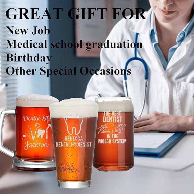 Custom Engraved Beer Glass - Personalized Dentist Gifts, Graduation Gift for Dental Student, Birthday Appreciation Gift for Dentist Assistant Hygienist Medical Graduate (Beer, Dentist)