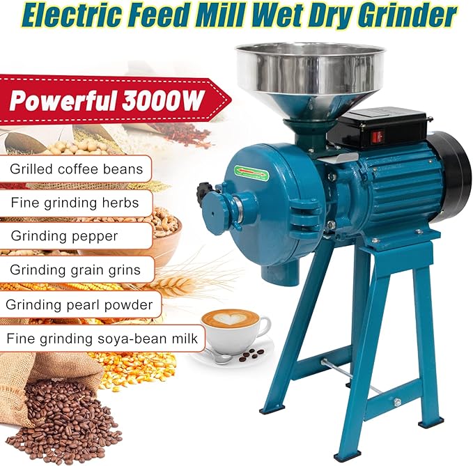 3000W Wet Dry Cereals Grinder Electric Grain Mill - Heavy Duty 110V Commercial Grinder Machine for Rice, Corn, Coffee, Wheat Feed With Funnel