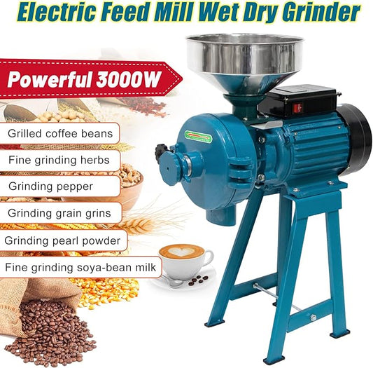 3000W Wet Dry Cereals Grinder Electric Grain Mill - Heavy Duty 110V Commercial Grinder Machine for Rice, Corn, Coffee, Wheat Feed With Funnel