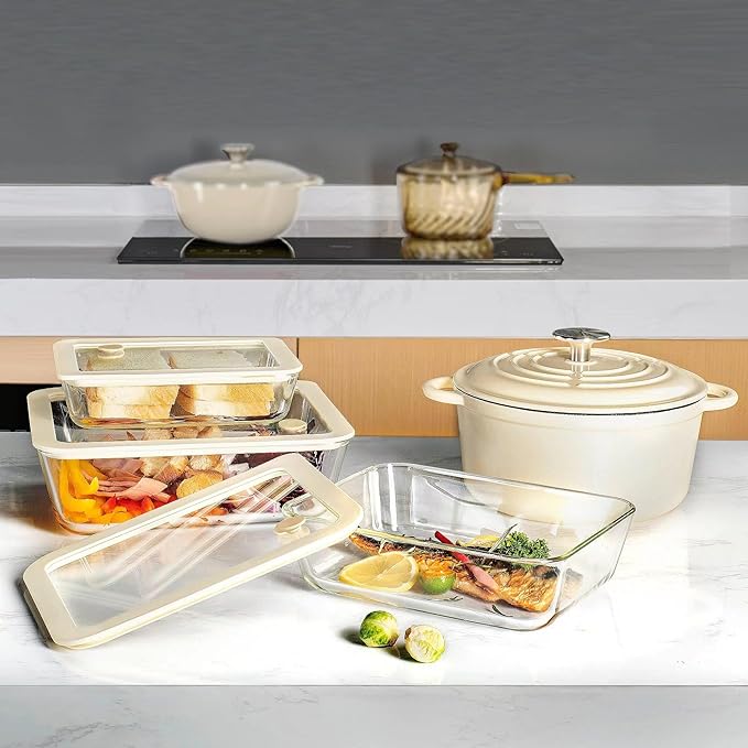 Urban Green Glass Food Container Set with Glass Lid, Large Meal Prep Container Set, Airtight Food Storage Containers with Air Vent Lid, 2 Pack, Large, 87oz, LeakProof, 100% Plastic Free, White color,