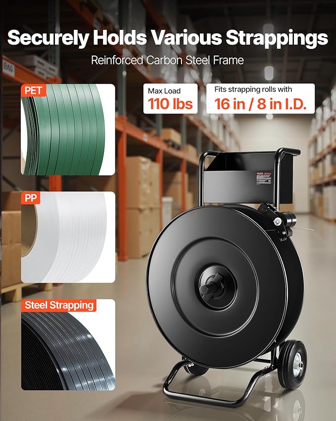 VEVOR Banding Strapping Cart, Fit for PET/PP/Steel Strapping Coils with 8 or 16 inches Core Size, Heavy Duty Strapping Dispenser Equipped with Upgrade Drum Brake, Built-in Spacious Tray for Tools