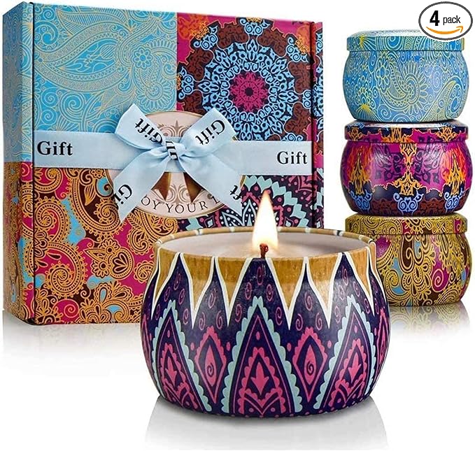 Christmas Candle Gift Set, 4 Pack Scented Candles for Home, Long Lasting Soy Aromatherapy Candle Set, Strong Scented Tin Candles, Perfect Gifts for Women