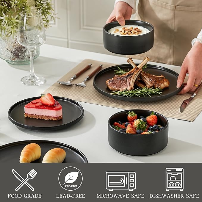 Stoneware Cereal Bowls Set of 4, 6 Inch Deep Bowl for Oatmeal, Soup, Ceramic Bowls Sets, Microwave Safe, Dishwasher Safe, Versatile for All Seasons, Matte Black