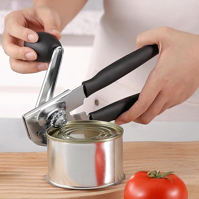 Heavy Duty Manual Can Opener Smooth Edge, Hand Crank Cans Opener for Adults Seniors, Kitchen Camping Tools, Stainless Steel, Black