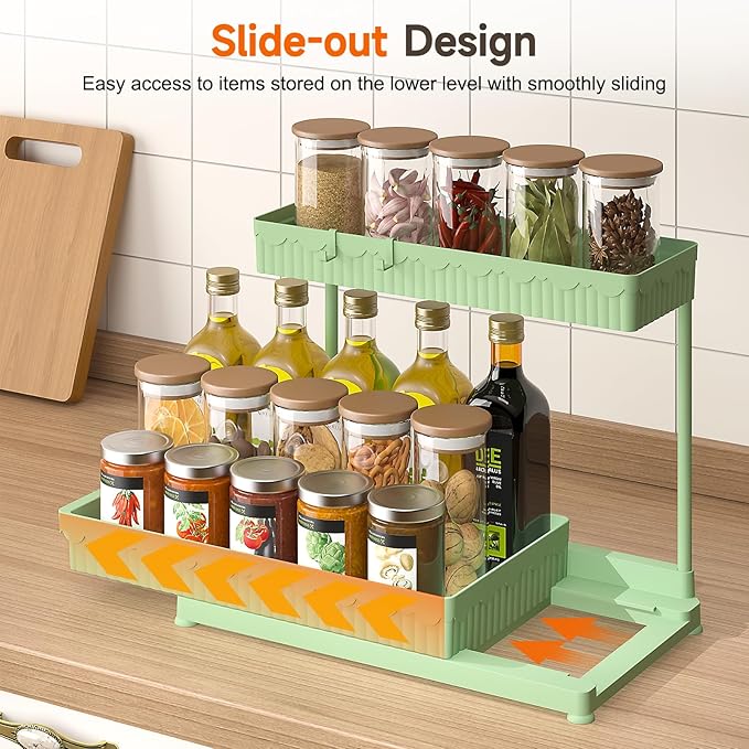 3 Pack Multi-Purpose Under Sink Organizers and Storage, 2025 L-Shaped Pull Out Cabinet Organizer for Bathroom & Kitchen, Under Cabinet Organizer with Hooks Hanging Cup, Green, 14.85 inch