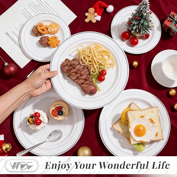 WDF 60PCS Silver Plastic Plates Disposable - Silver Plates Include 30 PCS 10.25inch Dinner Plates and 30PCS 7.5inch Salad Plates for Wedding & Party Christmas