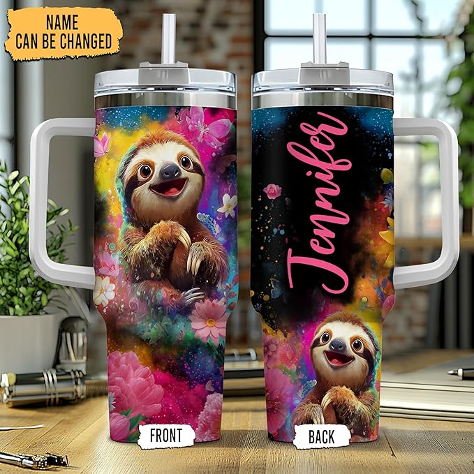 Personalized Sloth 40oz Tumbler with Handle and Straw Gifts for Sloth Lovers, Cute Animal Lover Gifts For Women Girl, Unique Birthday Christmas Gift, Custom Name Stainless Steel Travel Cup