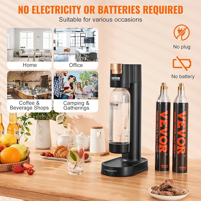 VEVOR Sparkling Water Maker, Soda Maker Machine for Home, Soda Maker with BPA-free 1L PET Bottle, 2 CO2 Cylinders(Not Contain CO2 GAS), Compatible with Mainstream Screw-in 60L CO2 Cylinder