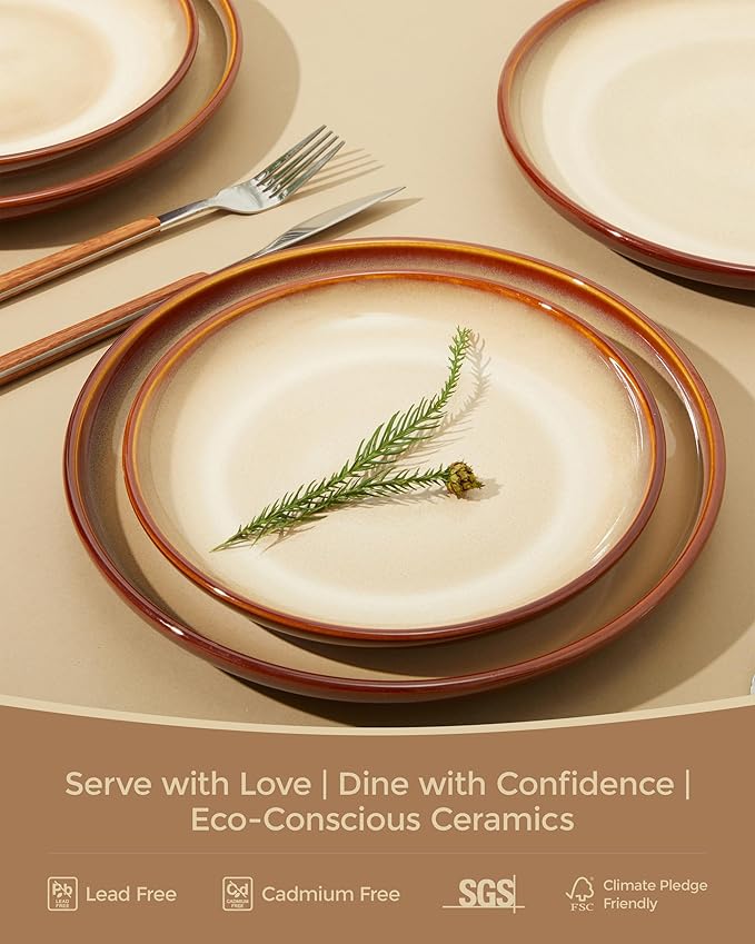 Ceramic Dinnerware Sets for 6, 18 Pieces Stoneware Plates and Bowls Sets, Chip and Crack Resistant Dishes, Dishwasher & Microwave Safe Dishware Sets, Brown Yellow