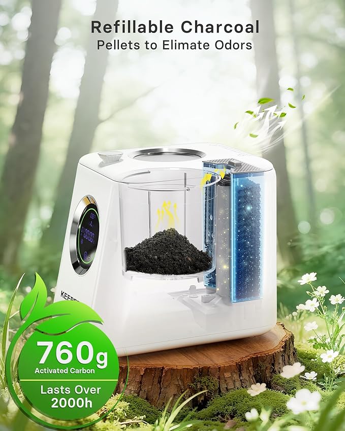 Smart Electric Composter for Kitchen, 3L Compact Mill Food Recycler with 4 Sharktooth Blades, One Touch Turns Waste into Fertilizer Within 2-10h, 0.5kWh Per Cycle, Odorless, Low Noise, Auto-Cleaning