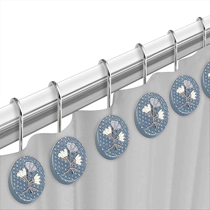 Zahari Home 13pc Capri Bathroom Sheer Shower Curtain Sets & 12 Hooks - Modern Classic Luxury Contemporary Decor Blue Shower Curtain Stylish Bath Sets