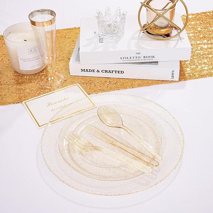 WDF 120PCS Gold Plastic Plates- Disposable Gold Glitter Plates, Premium Heavy Duty 60-10.25" Dinner Plate and 60-7.5" Salad Plate for Christmas Parties &Wedding