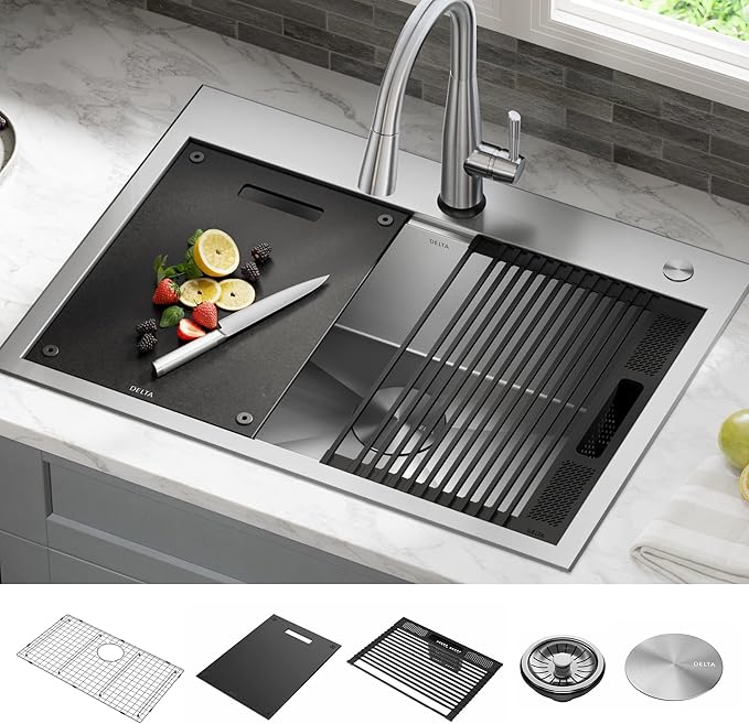 DELTA FAUCET Rivet 30-Inch Workstation Kitchen Sink Drop-In Top Mount 16 Gauge Stainless Steel Single Bowl with WorkFlow Ledge and Chef’s Kit of 5 Accessories, 95A931-30S-SS