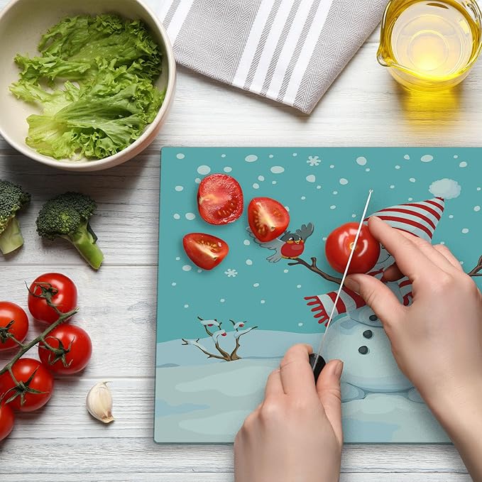 Ambesonne Snowman Cutting Board, Winter Time Snow Silhouette with a Bird and Branches Happy Christmas Design, Decorative Tempered Glass Cutting and Serving Board, Large Size, Aqua Blue