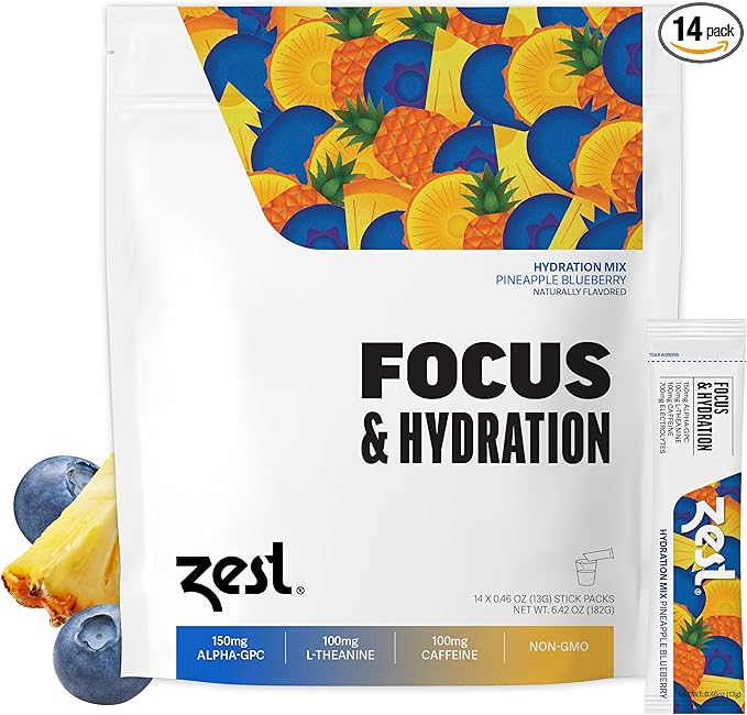Zest Focus & Productivity Energy Drink – Pineapple Blueberry Clean Energy Powder Packets with 100 mg Caffeine, L-Theanine & 150 mg Alpha GPC Nootropics – Low Sugar Electrolytes for Memory – 14 Sticks