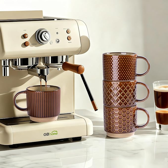 GBHOME 12 OZ Stackable Coffee Mugs, Ceramic Coffee Cups with Texture Patterns for Man,Woman,Dad,Mom, Modern Mugs Set of 4 for Latte/Cappuccino/Cocoa. Dishwasher&Microwave Safe