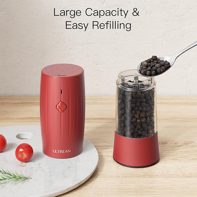 Ultrean Salt and Pepper Grinder Set, Rechargeable Salt and Pepper Mill, 6 Adjustable Coarseness, LED Light, Red Christmas Gifts, Crimson Red
