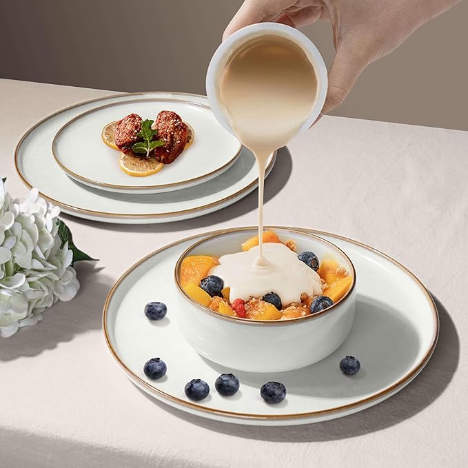 Herogo 18 Pieces Stoneware Dinnerware Dishes Sets for 6, Kitchen Handmade Dining Plates and Bowls Sets, Double Reactive Glaze, Microwave & Dishwasher Safe, Scratch Resistant, Ivory White
