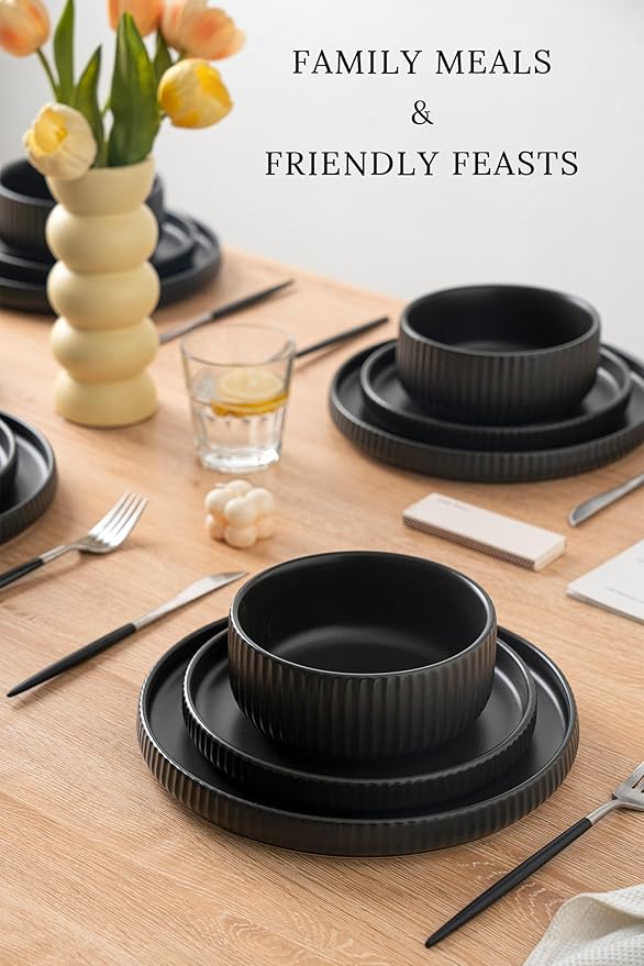 Modern Plates and Bowls Set for 6,18 Piece Black Ceramic Dinnerware for Stylish Families – Microwave Safe Dish Set for Daily Dining
