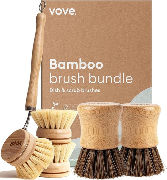 Vove Dish Brush Bundle - FSC-Certified Bamboo Dish Brush & Scrub Brush, 3 Replacement Heads - Natural Fiber Bristles - Non-Toxic, Plastic-Free Kitchen Set