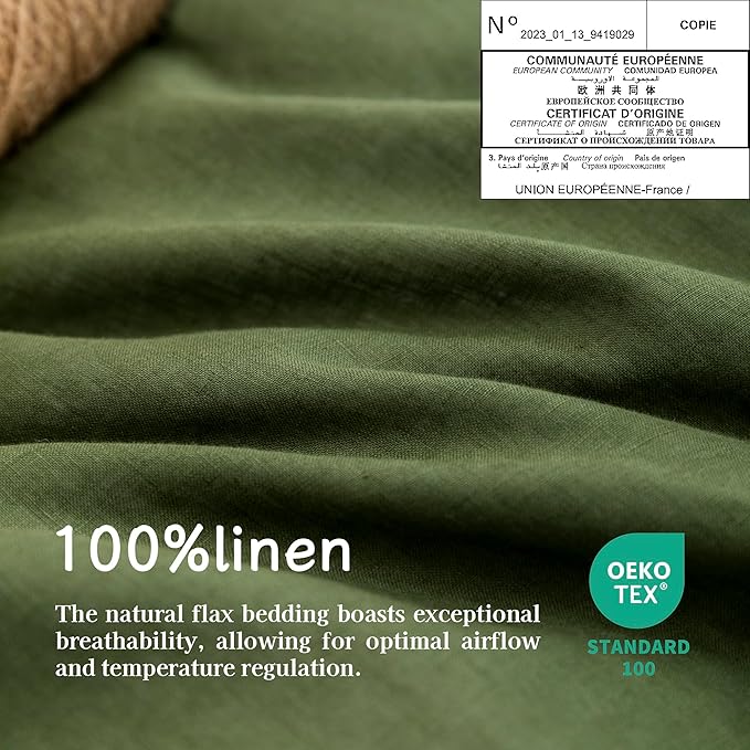 EVERLY 100% Pure Linen Duvet Cover Set King Size104X90Inch 3pcs (1 Duvet Cover,2 Pillowcases) Soft and Breathable for All Season with Coconut Button Closure, Suitable for Hot Sleepers-Mossy Green