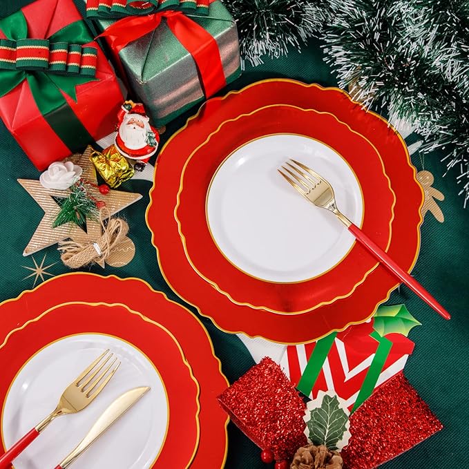 WDF 30Guest Red Christmas Plates - Gold Plastic Silverware With Red Handle - Christmas Plates Disposable- Baroque Plastic Dinnerware for Party