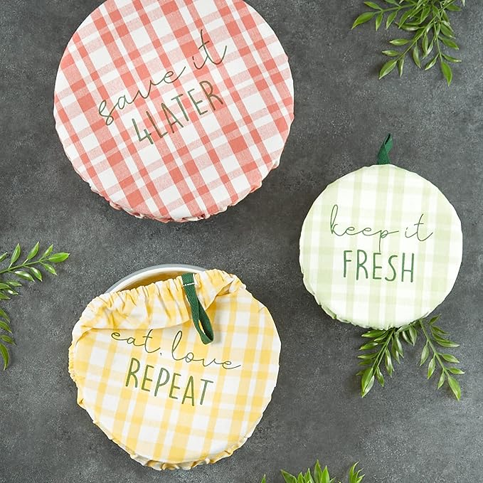 DII Reusable Cloth Bowl Cover Collection Machine Washable, Cotton with Elastic Stretch for Food Storage, 10.25"/8.25"/7.5" Diameter, Plaid Coral, 3 Piece