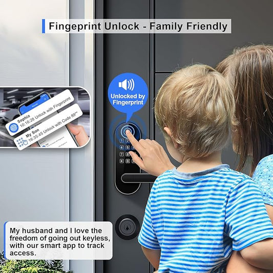 Bluetooth Fingerprint Smart Lock with Handle & Keypad – Fits Most US Doors, DIY Install, Keyless Entry: Code, FOB, Auto-Lock. Ideal for Home, Airbnb & Rental, Kids & Seniors. Alexa & Google Compatible
