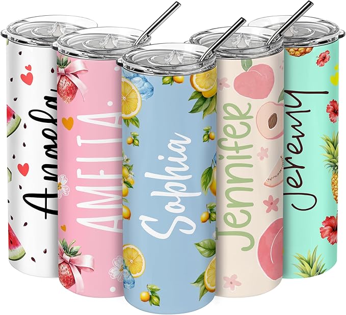 Personalized 20 Oz Skinny Tumbler - Custom Name Skinny Tumbler with Summer Design, BPA-Free Stainless Steel, 6 Designs - Customized Summer Gift