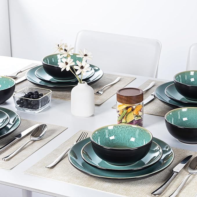 Plates and Bowls Sets for 8 - CJDC-QUELO 32-Piece Stoneware Dinnerware Sets, Ceramic Dishware Set for Indoor Kitchen Use and Formal Dining, Chip and Scratch Resistant Microwave Dishwasher Safe, Green