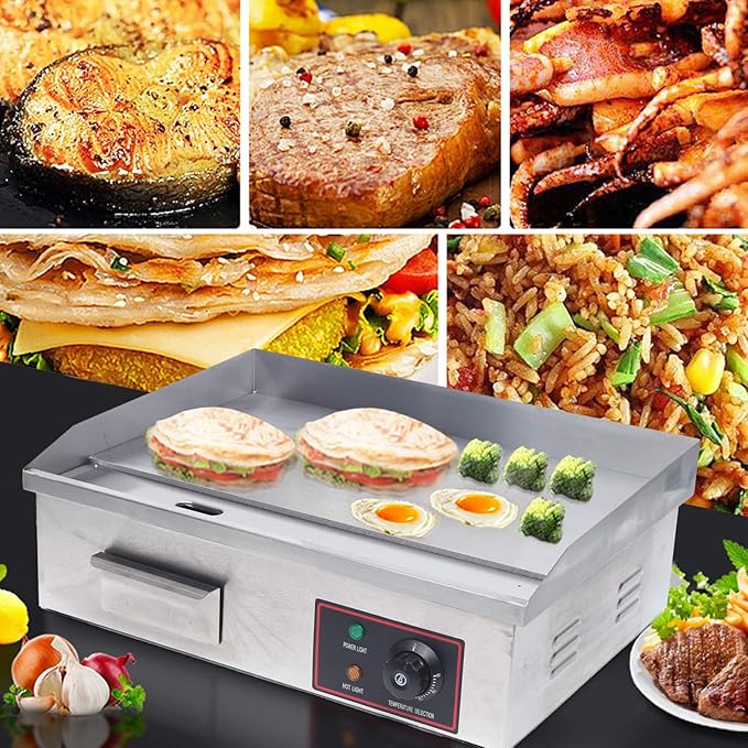 Electric Countertop Griddle Commercial BBQ Grill, Stainless Steel BBQ Flat Top Grill Hot Plate Countertop Electric Stove with Adjustable Thermostatic Control for Steak Kitchen (1.6KW)
