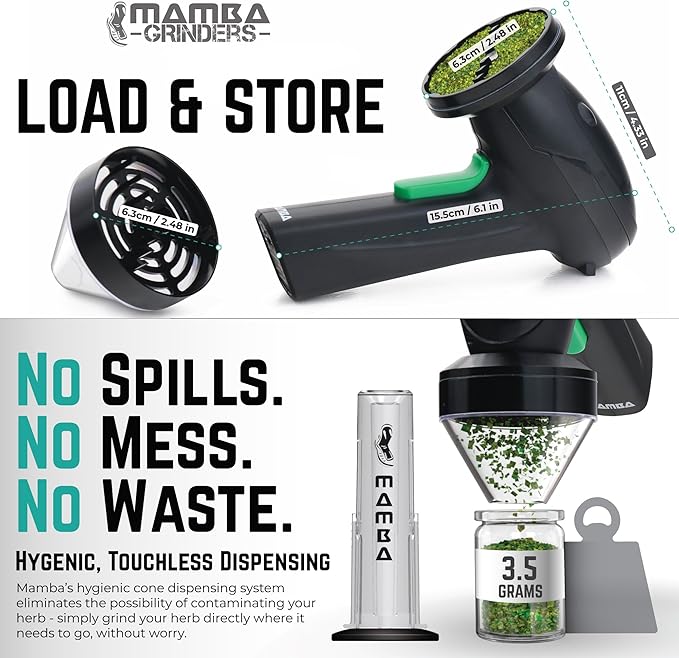 Mamba Monster 3.5g Black USB Electric Herb Grinder. Large Capacity Portable Metal Herbal Machine & Spice Mill for the Kitchen