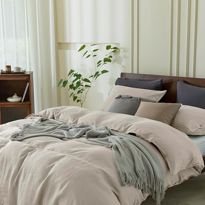 EVERLY 100% Pure Linen Duvet Cover Set King Size 104X90Inch 3pcs (1 Duvet Cover,2 Pillowcases) Soft and Breathable for All Season with Coconut Button Closure, Suitable for Hot Sleepers-Linen King