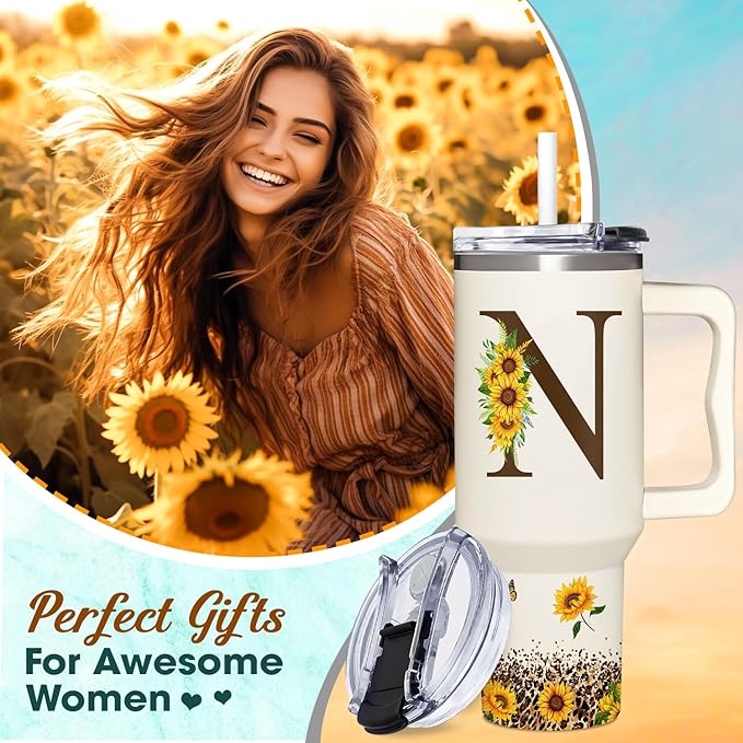 Personalized Birthday Gifts For Women - Sunflowers Monogrammed Cup For Boss Day, Christmas - Customized Gifts For Women, Mom, Wife, Coworkers, Boss Lady, Her - Custom Tumbler With Handle 40oz