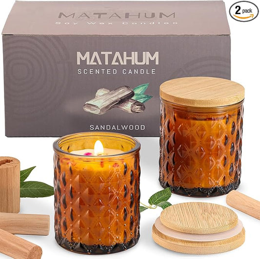 2 Pack Sandalwood Scented Candles for Home Decor, 6.5oz Natural Soy Wax Aromatherapy Jar Candles, Housewarming Gift for Women