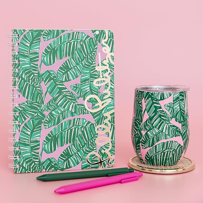 Lilly Pulitzer 12 Oz Insulated Tumbler with Lid, Yellow/Green Stainless Steel Travel Wine Glass, Double Wall Metal Cup (Let's Go Bananas)