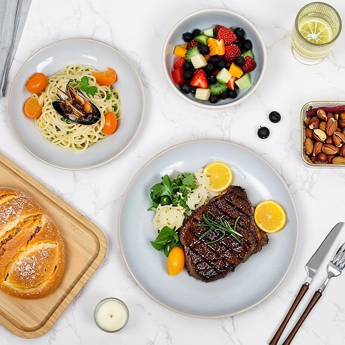 Plates and Bowls Sets for 6 - CJDC-QUELO 18-Piece Stoneware Dinnerware Sets, Ceramic Dishware Set for Kitchen Use and Formal Dining, Chip and Scratch Resistant Microwave Dishwasher Safe, Off White
