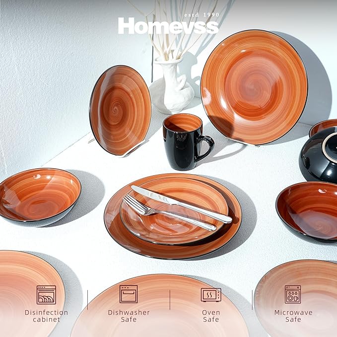 Sonoma Stoneware 16pc Dinnerware Set, Outside Black + Inside Hand Painting Color Spice