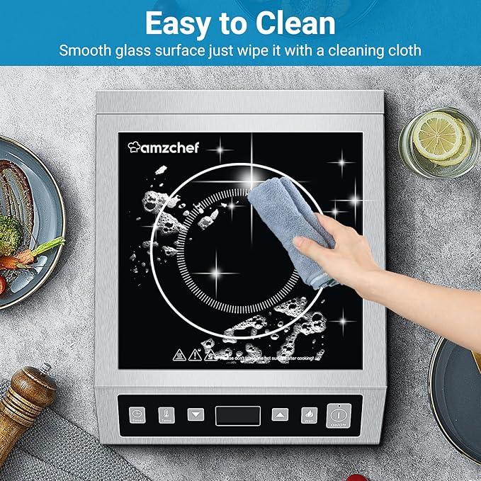 AMZCHEF Induction Cooktop Commercial, Professional Portable Burner, 1800W Countertop Stove Burner with ETL-Certified Induction Hot Plate 3 Hours Timer,8 Temperature & Power Levels,LCD Screen