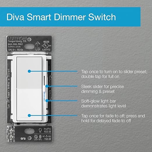 Lutron Diva Smart Dimmer Light Switch for Caseta Lighting (Lutron Smart Hub Required), for LED Lights, 150W, Single-Pole/3-Way, No Neutral, Light Almond (DVRF-6L-LA)