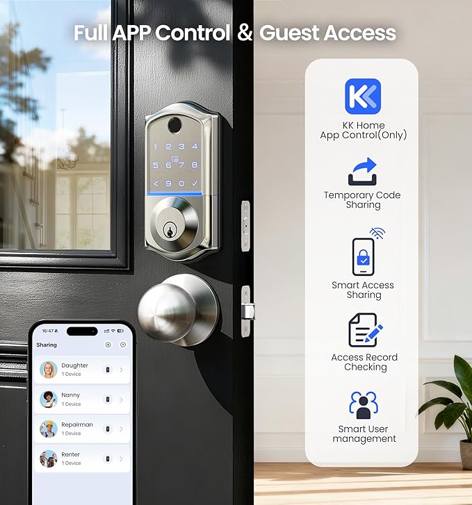 Veise VE017-K Fingerprint Smart Lock with 2 Knobs, App Control, Keyless Entry Front Door Lock with Handle Set, Electronic Digital Touchscreen Keypad Deadbolt, IP55 Waterproof, Auto-Lock, Satin Nickel
